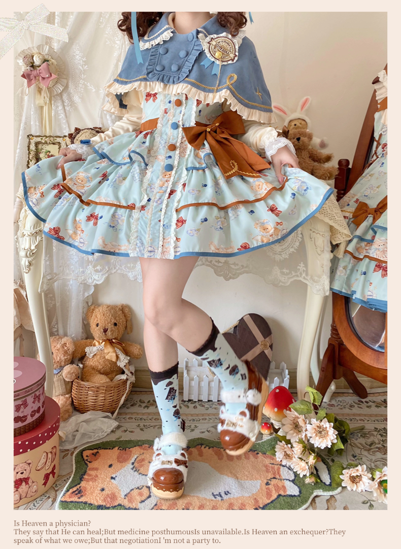 Cheese Mee Mee~Seaside Tea Party~Sweet Lolita Dress Cute Print JSK and Cape