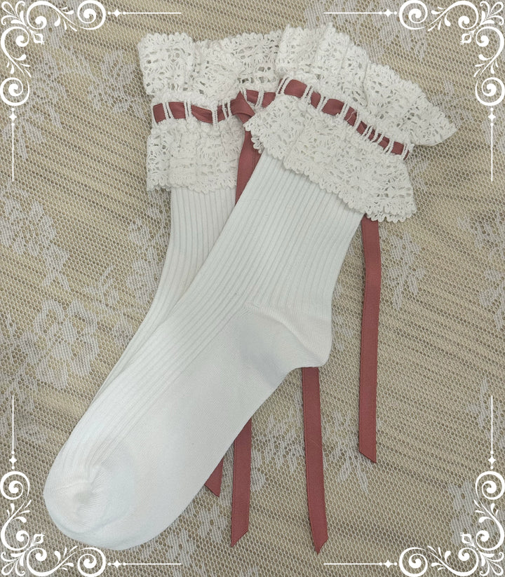 (BFM)Little Bear~Laura's Doll~Sweet Lolita Socks Cotton Short Socks Mid-calf Socks Raspberry ribbed short socks  