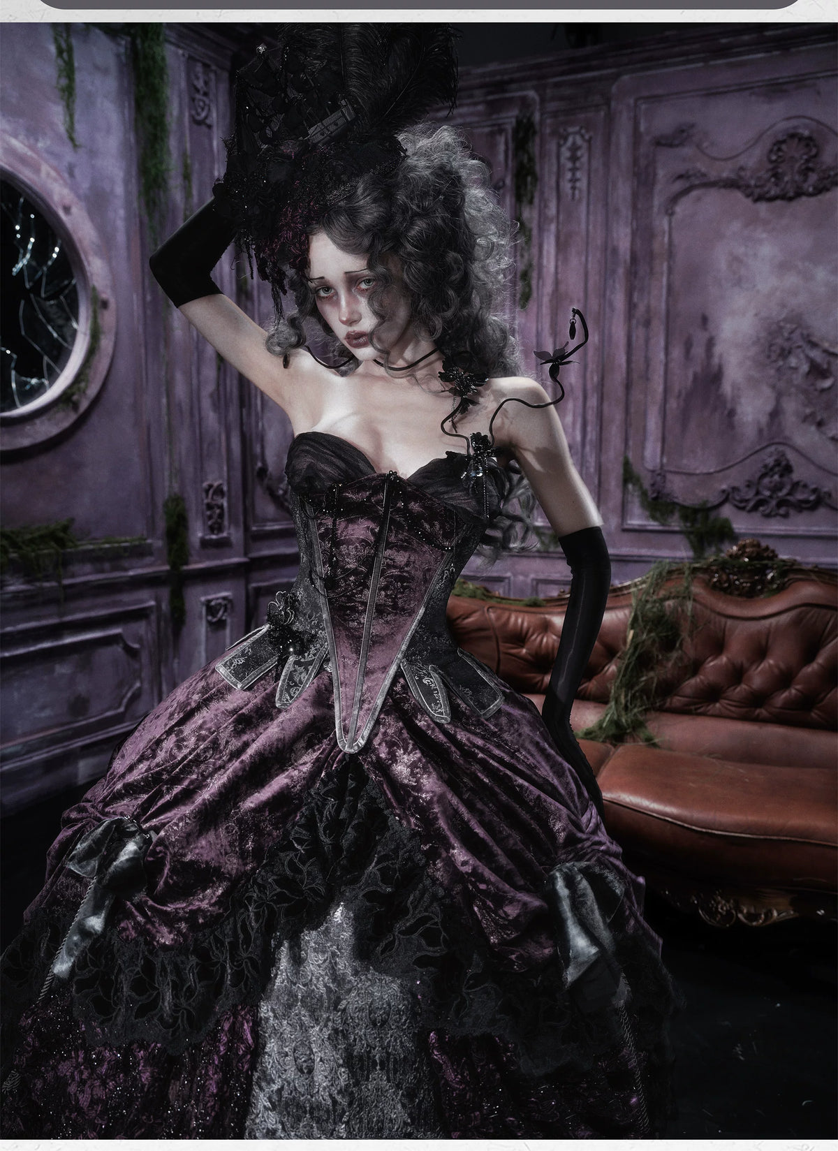 Undead's Gift - Halloween Gothic Lolita Draped Panel Skirt Set, 3D floral lace