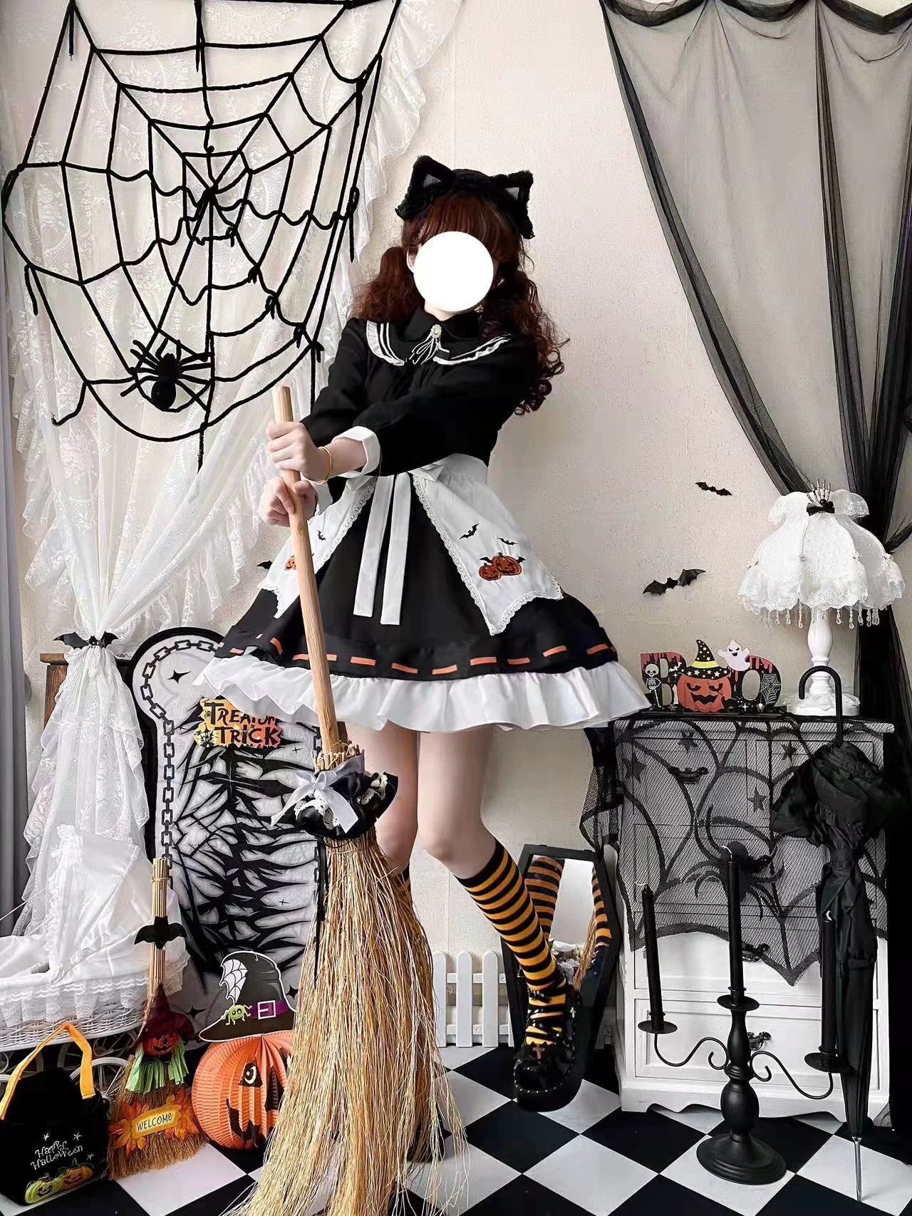 Little Witch - Halloween Gothic Lolita OP Dress Set, Pumpkin & Bat Embroidery