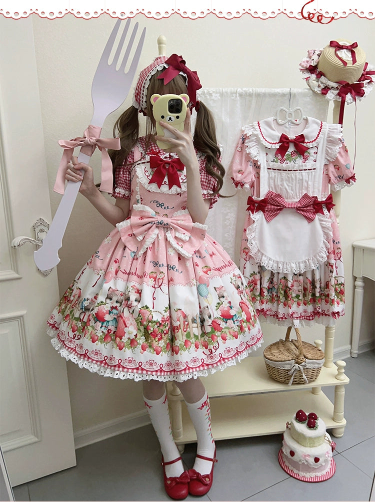 GD Lolita~Cat Strawberry Garden~Sweet Lolita Dress High Waist JSK Strawberry Print OP