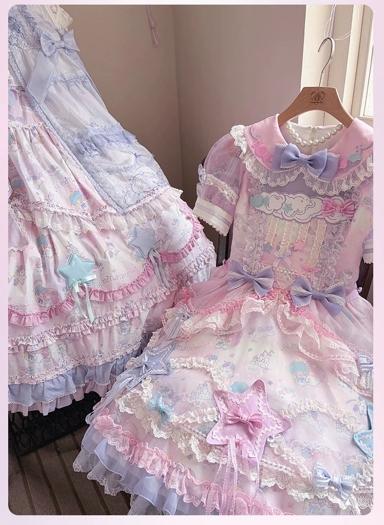 Little Twin Stars - Cotton Lining Sweet Lolita Dress Set, Unicorn and Star Print 45655:857280