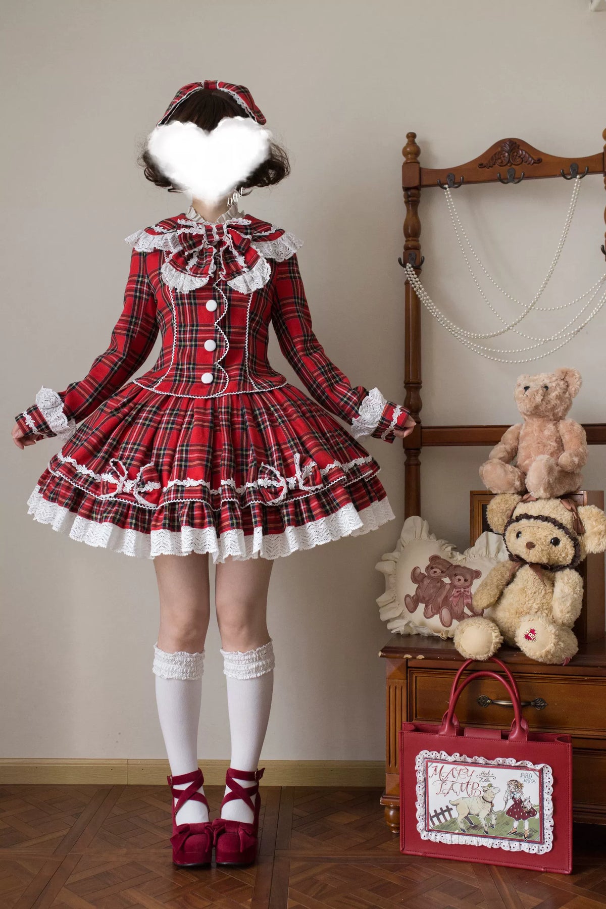 Christmas Knot - Christmas Old School Lolita Jacket & Skirt Set, Red Plaid 46051:873346