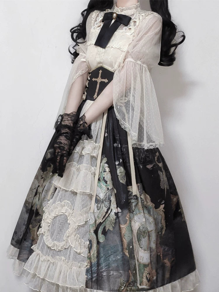 Clock Butterfly - Gothic Lolita Printed Blouse and Corset Skirt Set