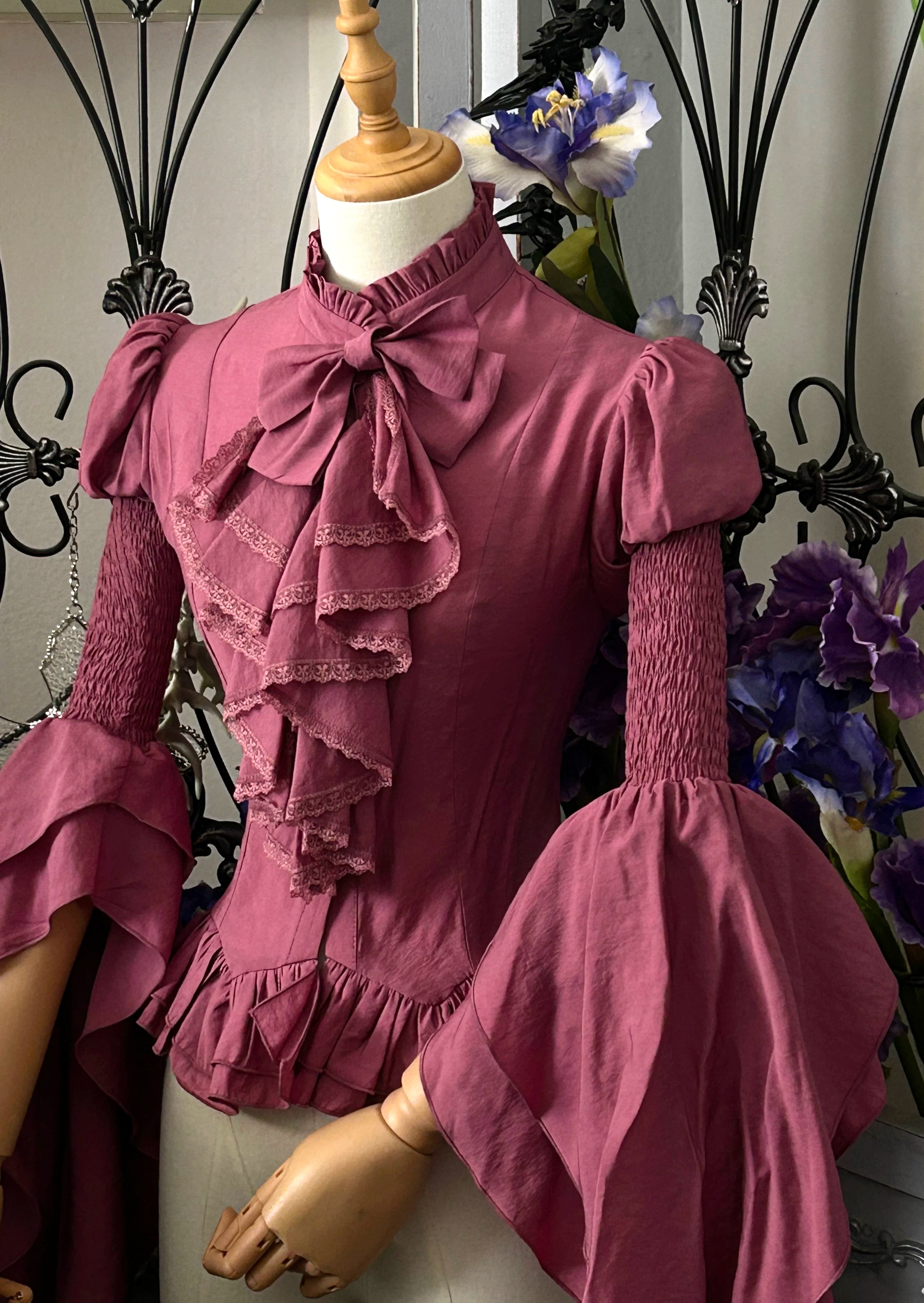 Dragon Bone Cemetery - Gothic Lolita Blouse, Detachable Bell Sleeves Plum Blouse + Bow Brooch + Detachable Bell Sleeves S