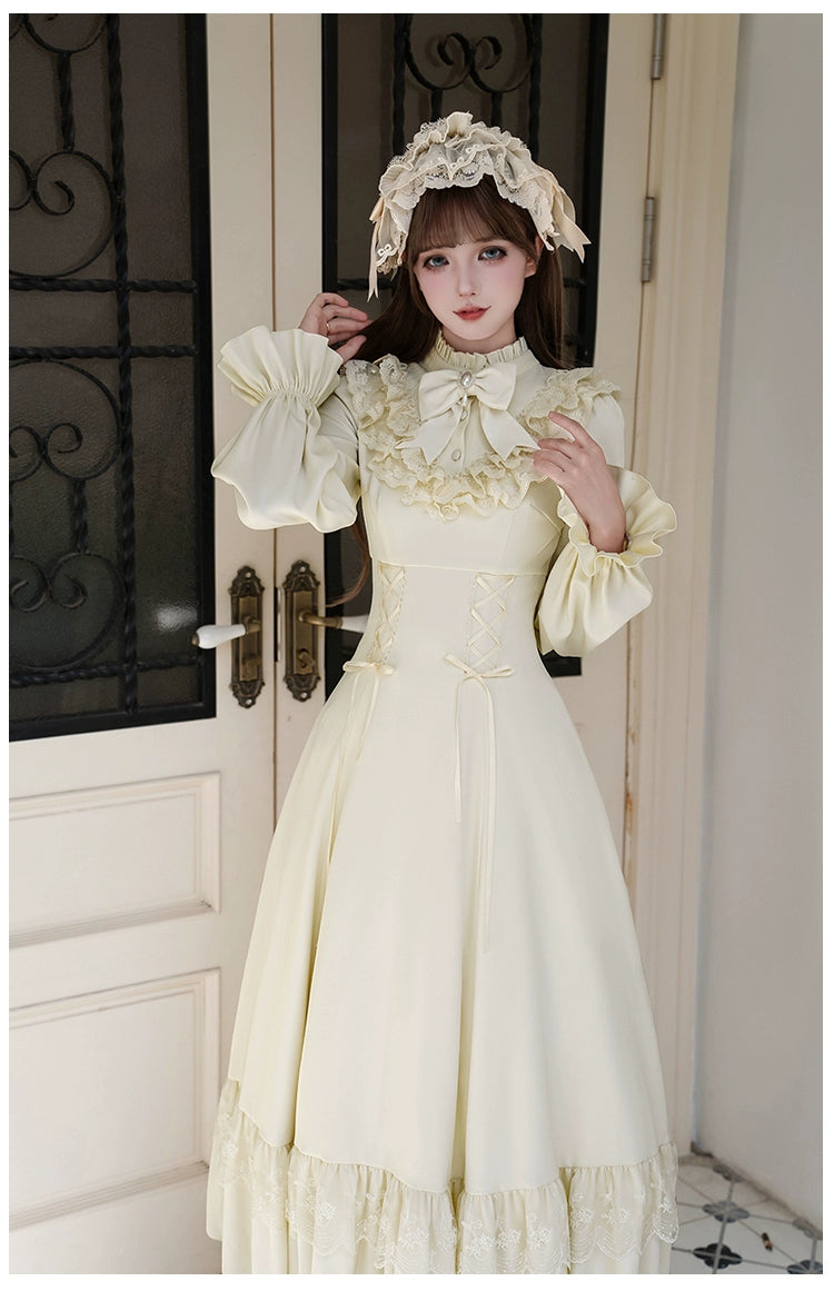 With PUJI - White Daylight - Elegant Lolita Long Sleeve OP Dress, Side Zipper 44042:793818