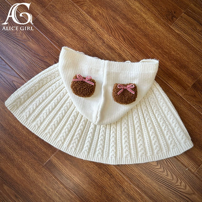 Alice Girl~Bear Doll Wall~Cute Winter Lolita Knitted Cape S Beige (bear ear cape) 