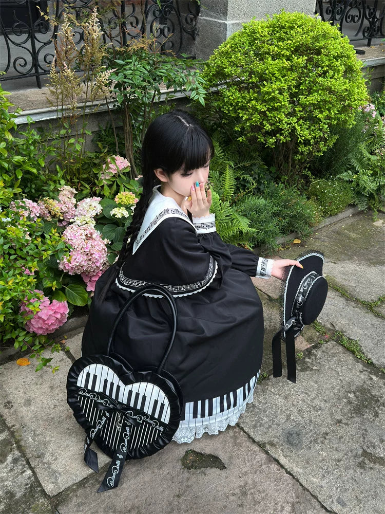 Piano Serenade - Old School Lolita Cape Layered Dress, Musical Note Embroidery 45785:862530