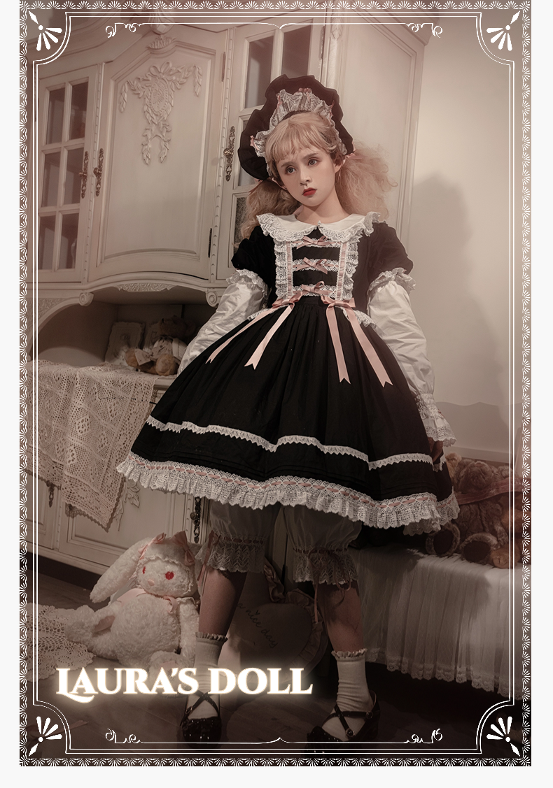 (BFM)Little Bear~Laura's Doll~Vintage Lolita Dress Cotton OP JSK Splicing Sleeves   