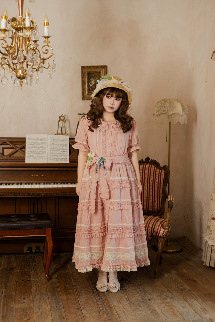 Miss Point~Cat Rose Tea~Elegant Lolita OP Open-front Short Sleeve Tiered Dress 42135:727802