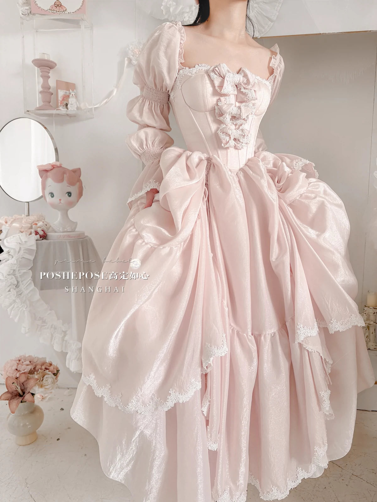 POSHEPOSE~Water Color Cherry~Gorgeous Blue Lolita JSK Dress Summer Gown Dress XS Pink Organza Long Dress + Narrow Straps 