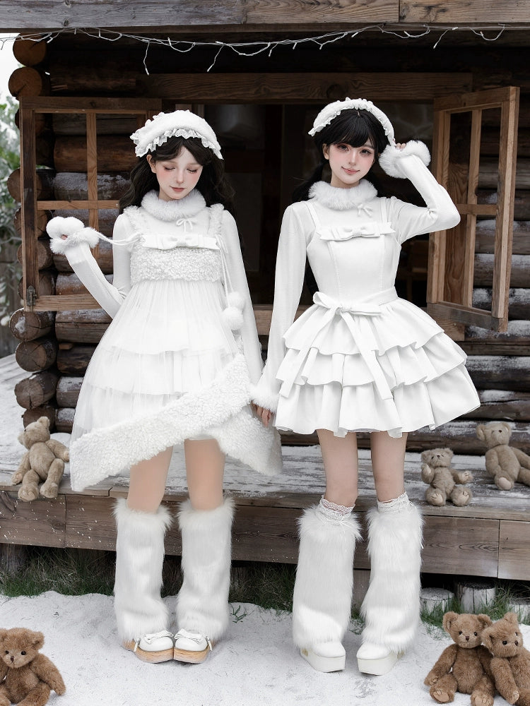 With PUJI - White Choco - Winter Kawaii Lolita JSK Dress Set, Fluffy Accents 44246:801052