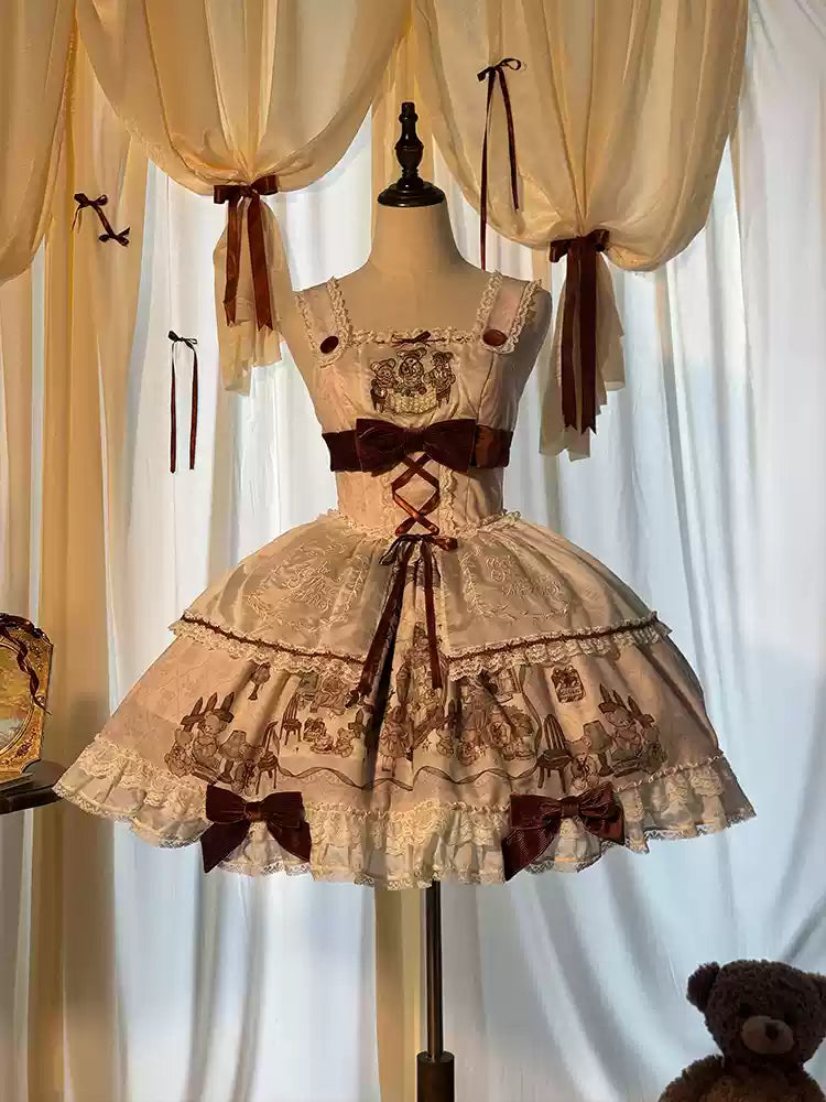 Alice Girl~Bear Castle~Sweet Lolita Dress Natural Waist JSK Ivory (Velvet version) XS 