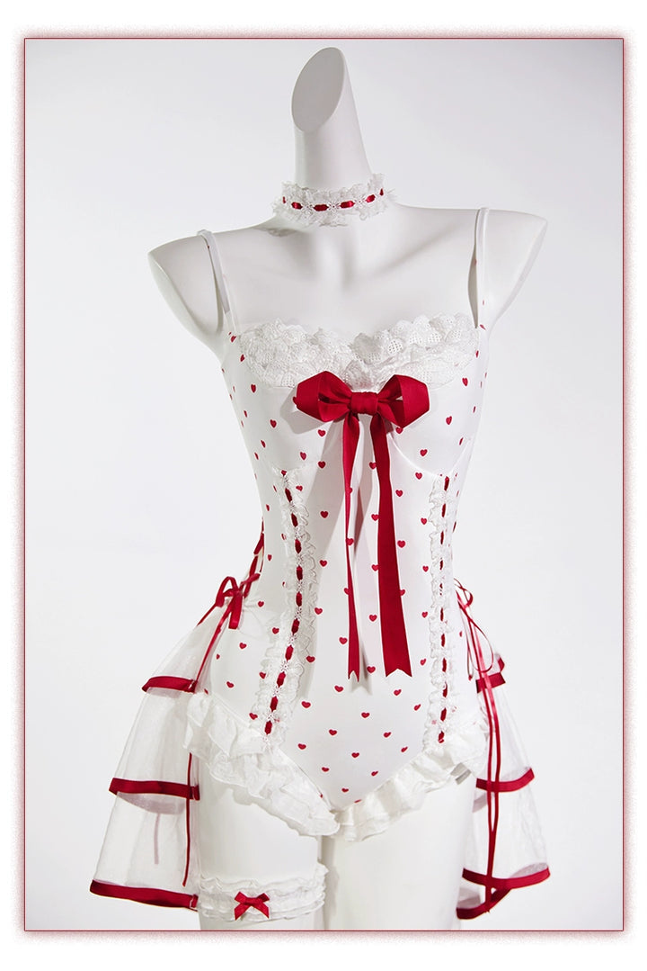 Tan Tuan~Heartbeat Melody~Red & White Lolita-Inspired Swimsuit Set 42997:761410