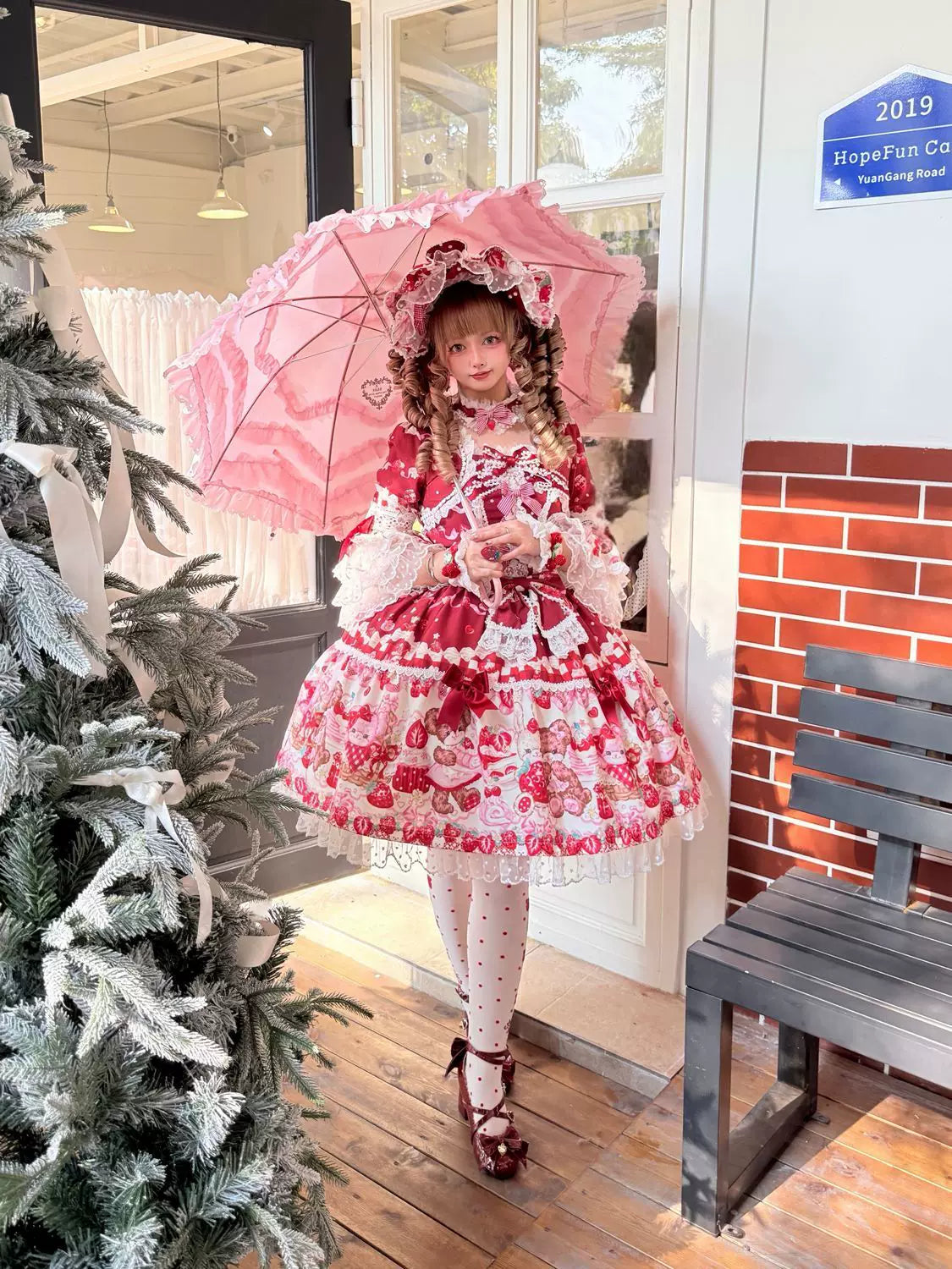 SweetBerry Bunny Bear - Sweet Lolita Hime Sleeve OP Dress, Strawberry and Bear Print