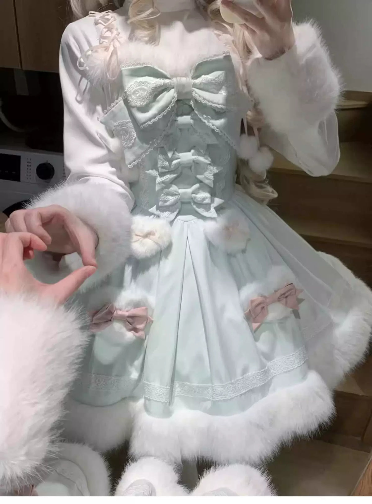 Sweet Dream Bunny - Sweet Lolita Cape & JSK Dress Set, Faux Fur Bunny Ear 46120:875793