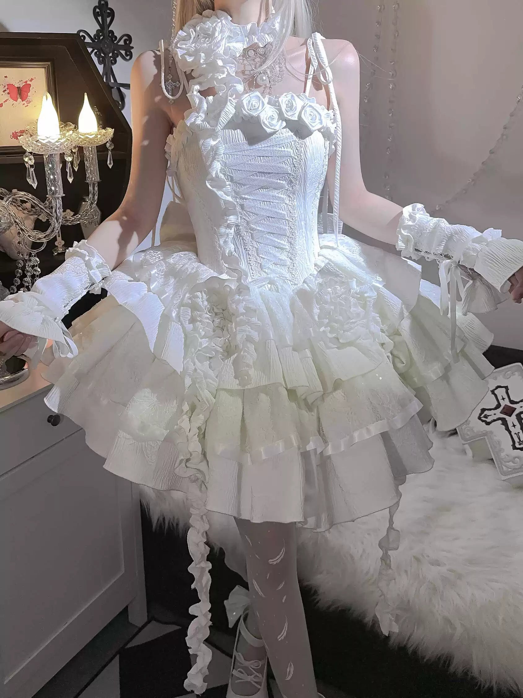 Silent Manor - White Gothic Lolita Fishbone JSK Dress 43499:777806