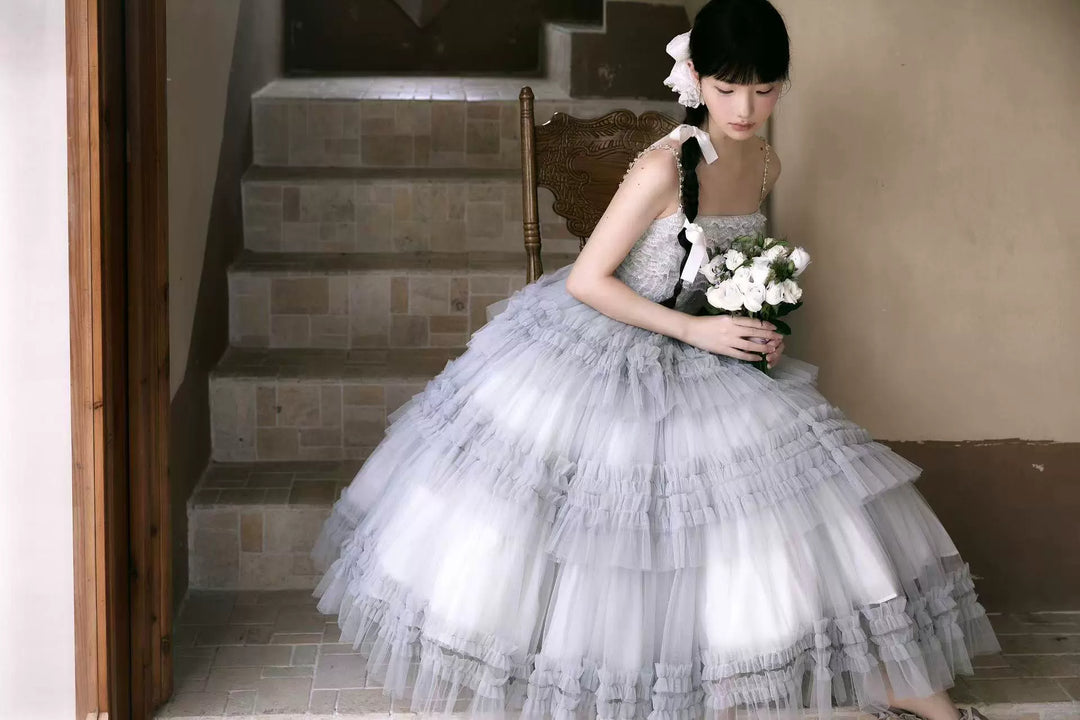 Sara Bell~Hailey~Elegant Lolita JSK Dress with Large Tiered Voile Hem