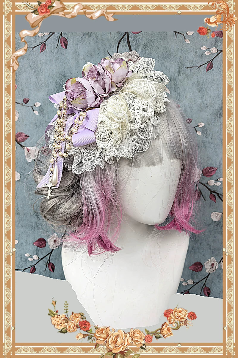 Elegant Lolita Hanamaru Hair Clip, Rose Bow & Pearl-like Chain 46096:874832
