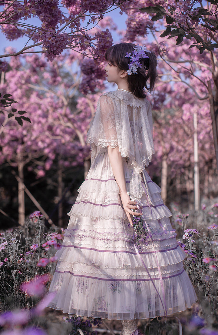 Avenue Denfer~Floral Veil~Elegant Lolita JSK Suit Floral Print Dress and Tulle Shawl