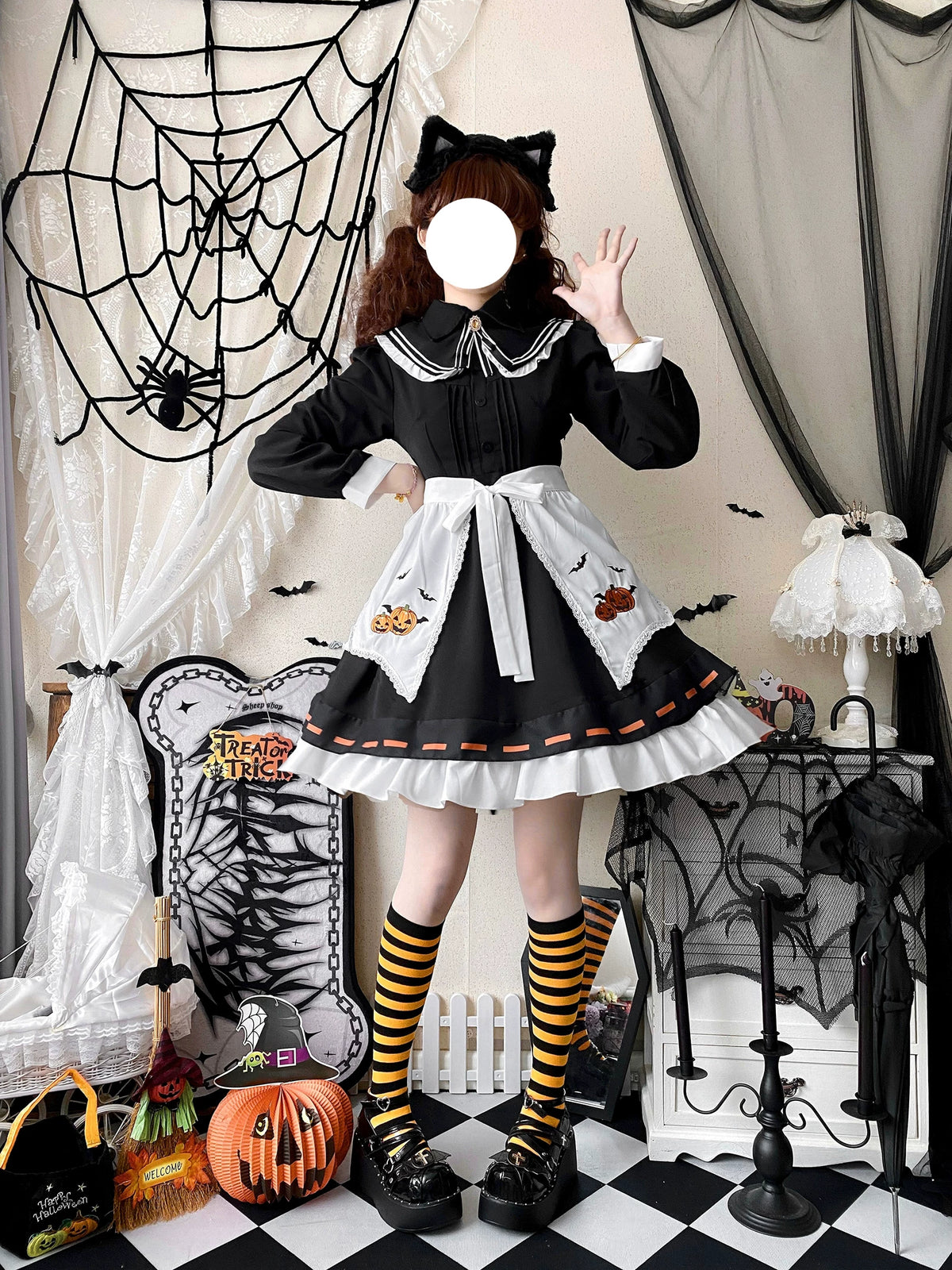 Little Witch - Halloween Gothic Lolita OP Dress Set, Pumpkin & Bat Embroidery