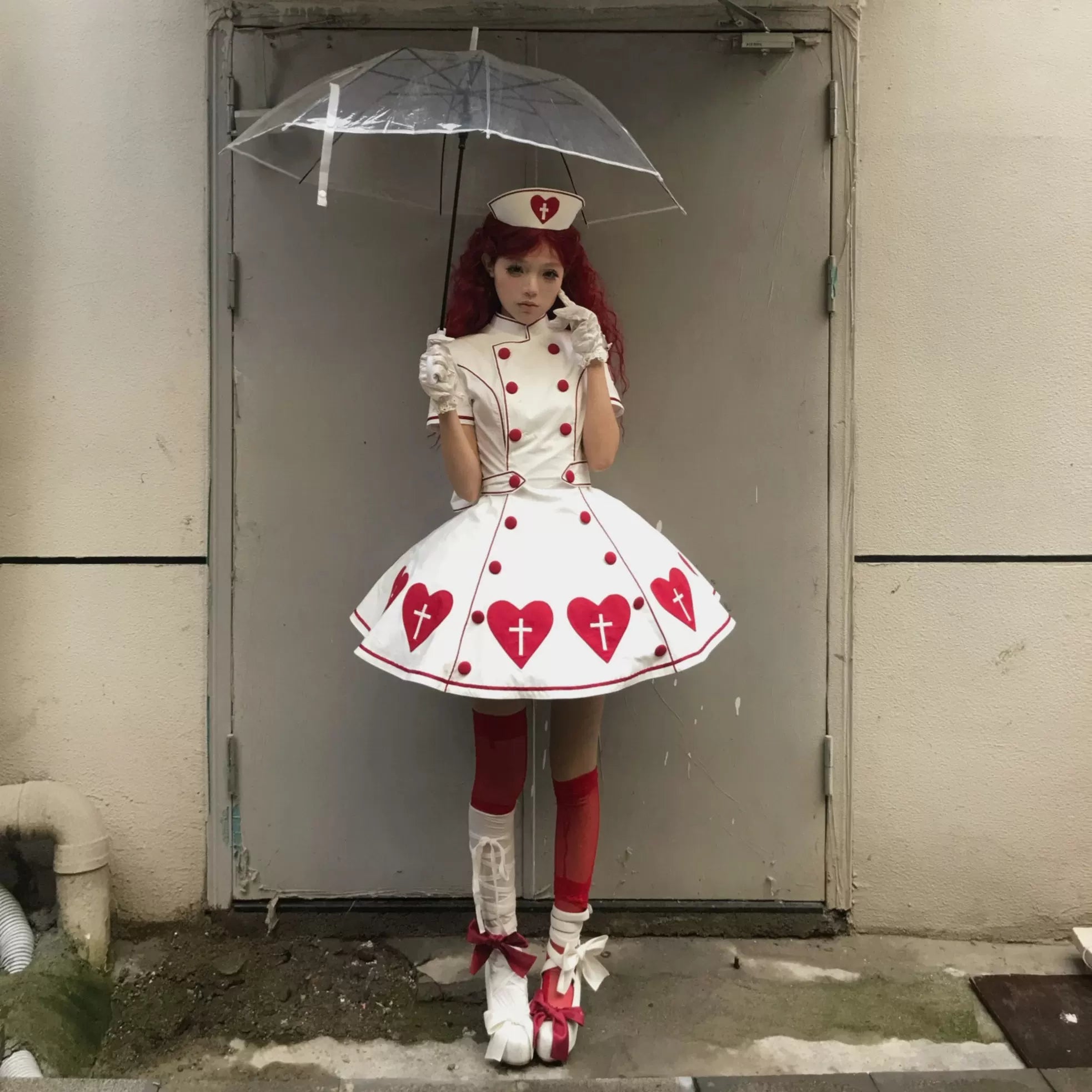 Sweet Heart Hospital - Old School Lolita Stand Collar OP Dress, Heart-cross Patches