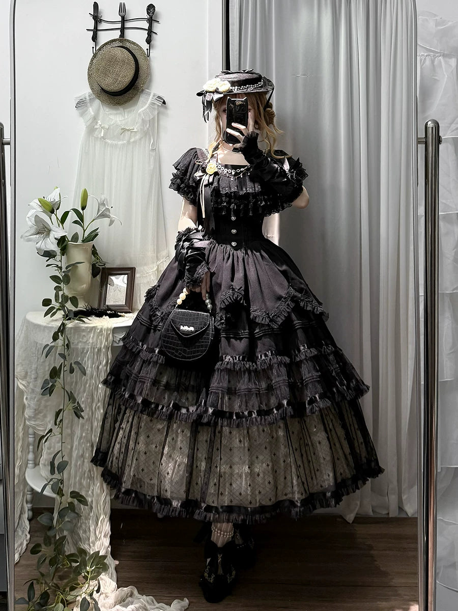 Unnamed Dusk Poem - Classic Lolita OP Dress, Tulle Skirt with Cross Accent