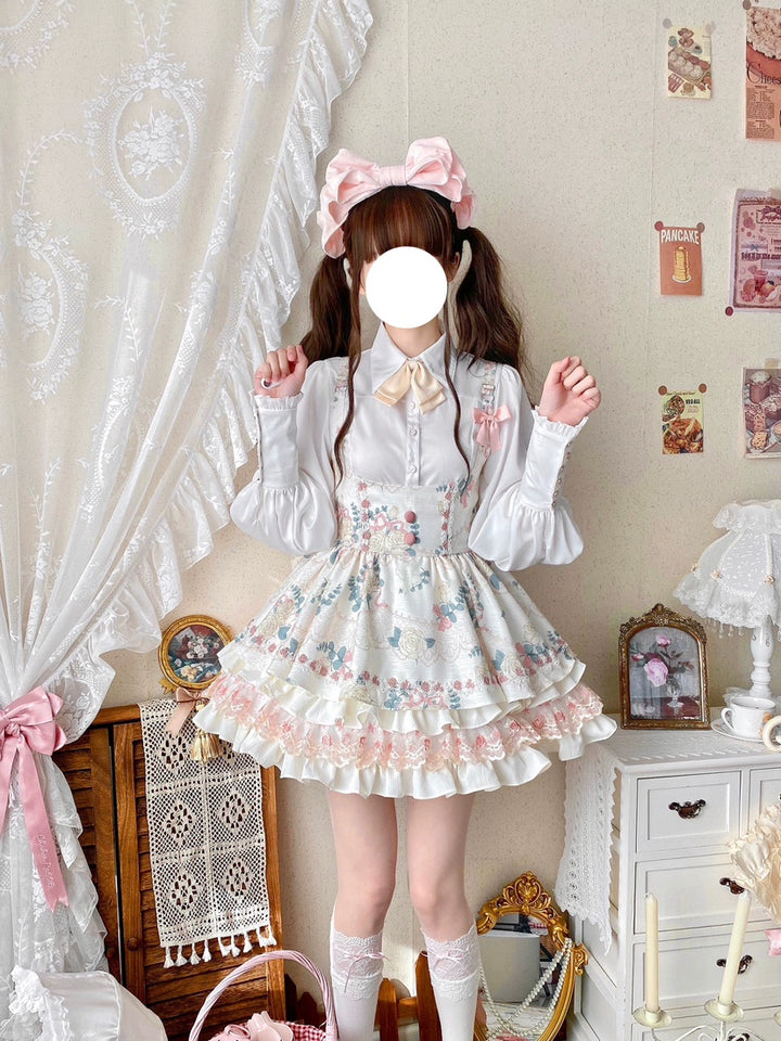 Qianmu~Rose Cream~Sweet Lolita Dress Fishbone Tiered Bust-supporting Dress   