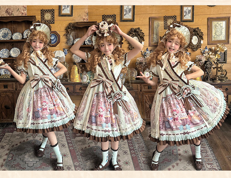 Spireme Cat~Puppy Cafe~Sweet Lolita OP Dress with Lace Skirt Overlay and Accessory 42408:739280