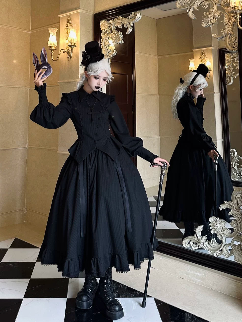 Lyra Nocturne - Gothic Lolita Slanted Placket Shirt Set, Plaid or Striped