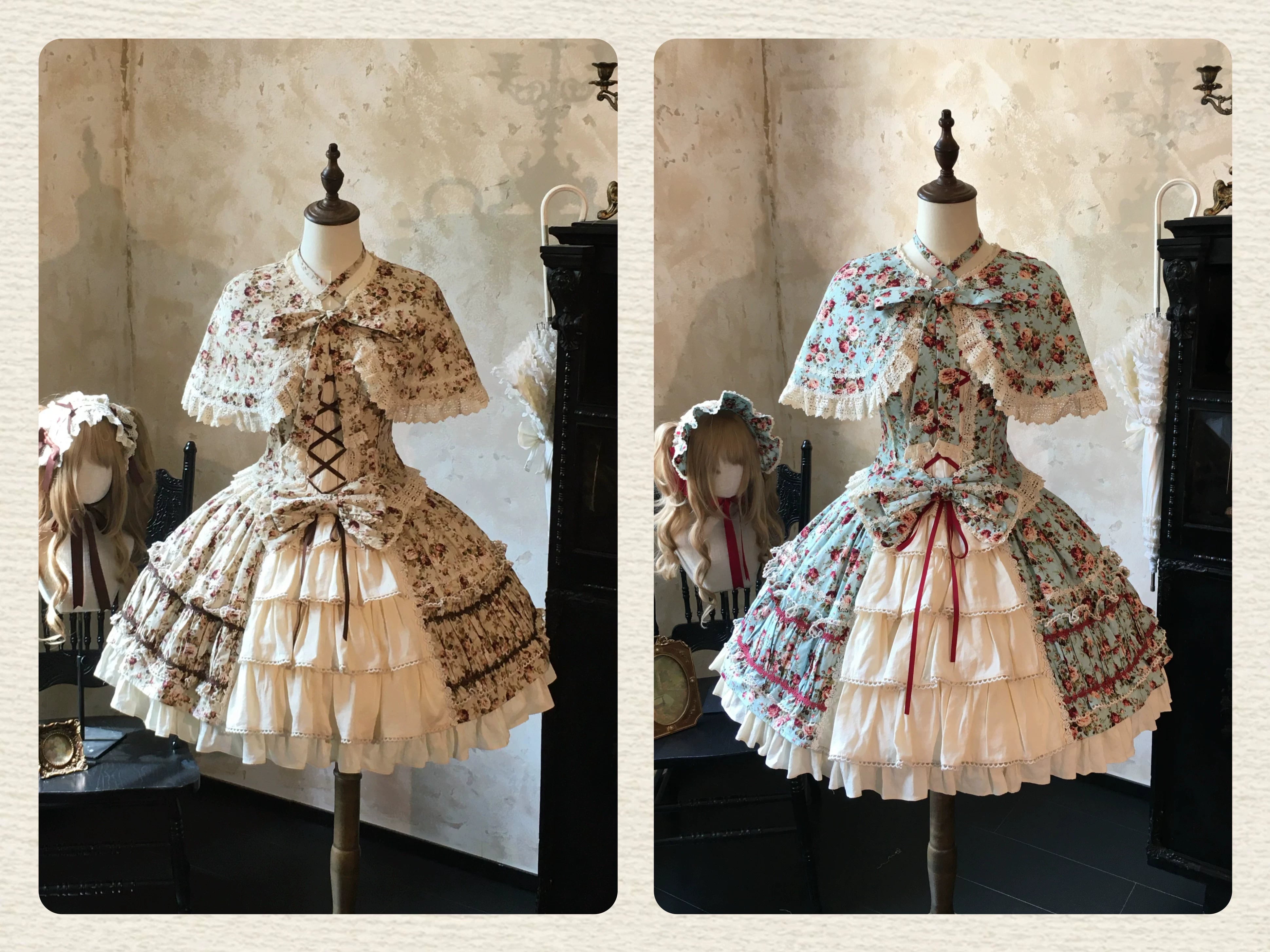 Old Rose Garden - Cotton Old School Lolita Top & Skirt Set, Floral Print 45886:866525