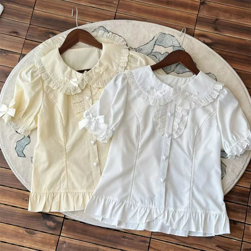 Cotton Sweet Lolita Peter Pan Collar Blouse, Heart Buttons 45814:863073