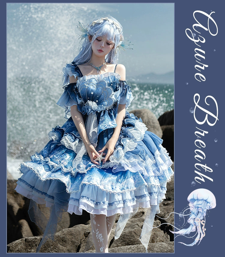 YingLuoFu - Blue Breath Jellyfish - Classic Lolita Jumper Dress, Side Zipper