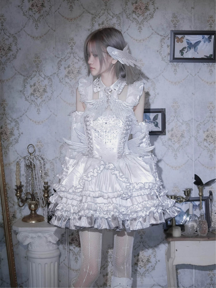 LustrE - Metallic Angel - Silver-white Punk Lolita JSK, Wing and Rhinestone Details 44276:801896