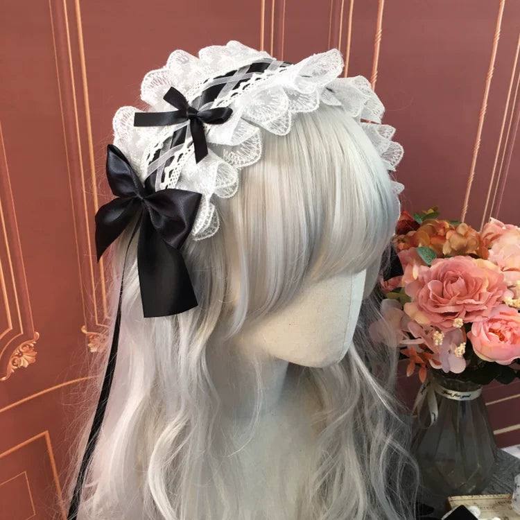 Sweet Lolita Lace Headbands, Ribbon & Bow White lace with black bow headband