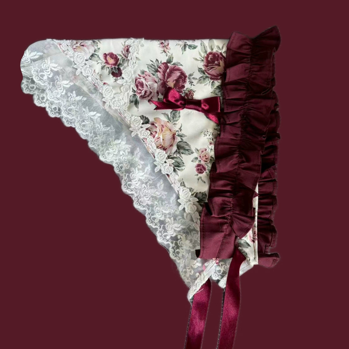 TaTaTa Lolita - Burgundy Rose - Floral Printed Old School Lolita JSK, Elegant Cape Headscarf Only (one size / choose M) S