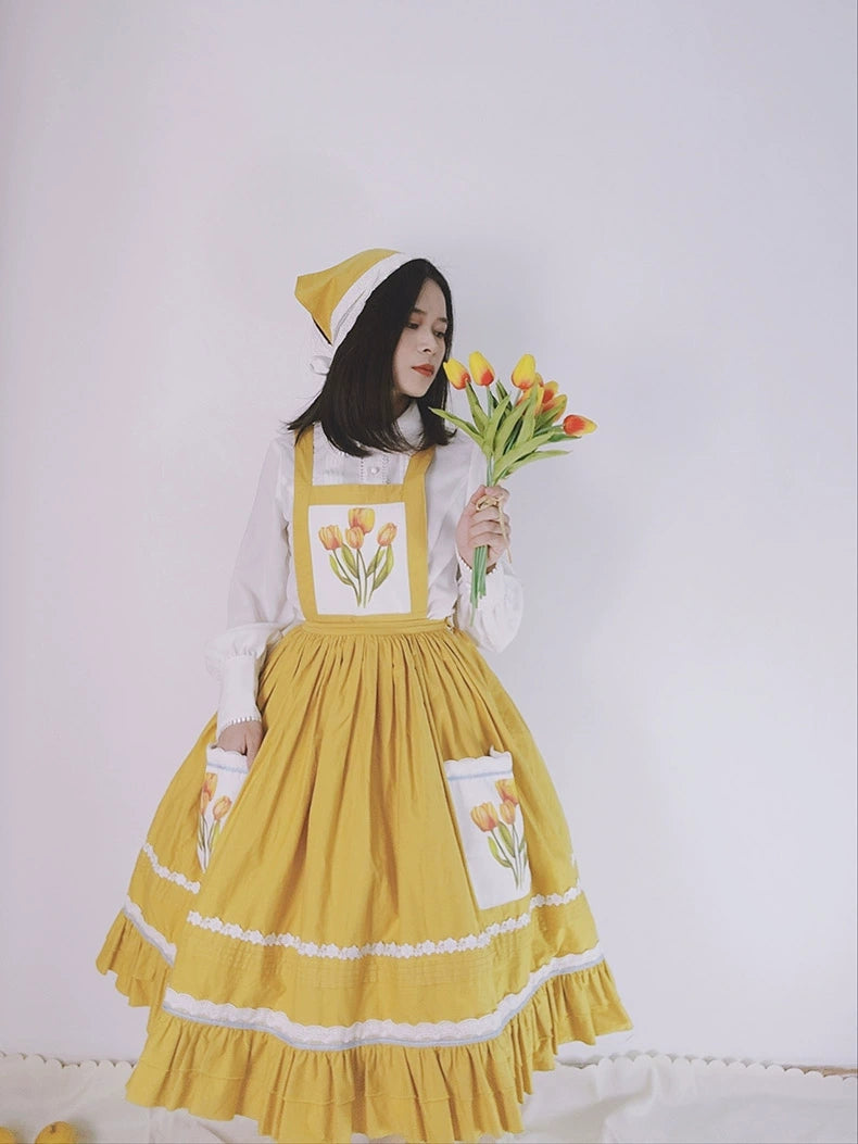 (BFM)Anxiangqianying~Cotton Lolita Dress Yellow Tulip Country Salopette   