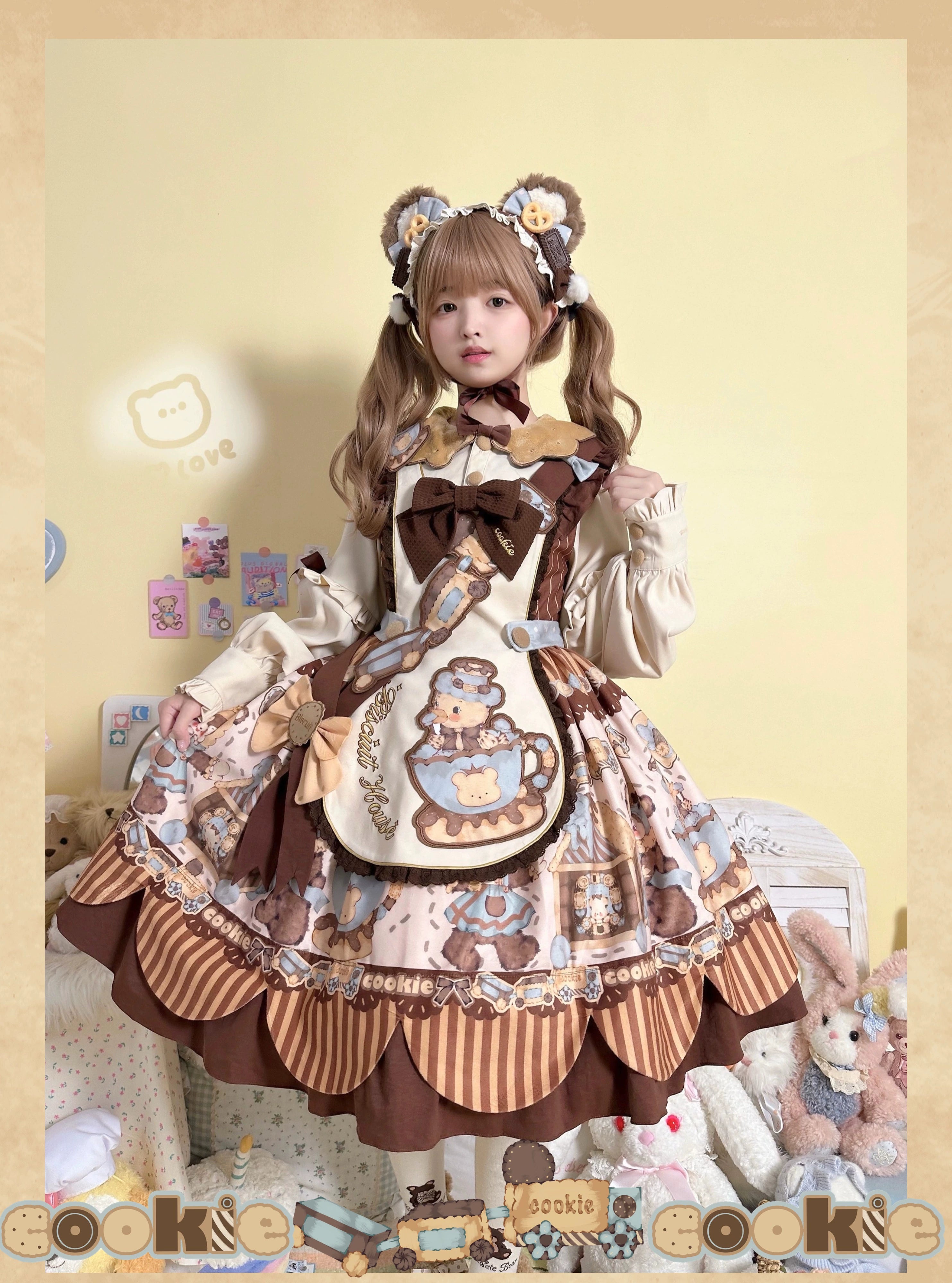 Star Fantasy - Bear Cookies - Kawaii Bear Printed Vintage Lolita Dress 43817:786438