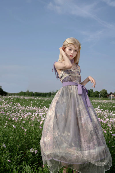 (BFM)Lo-cyan Lolita~Blooming Tree Shade~Sweet Lolita Strap JSK Bow Oil Painting Print Dress   