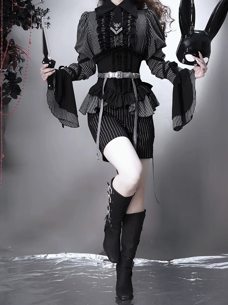 Striped Wednesday - Gothic Lolita Striped Blouse Set, Ruffled Corset 45176:838930