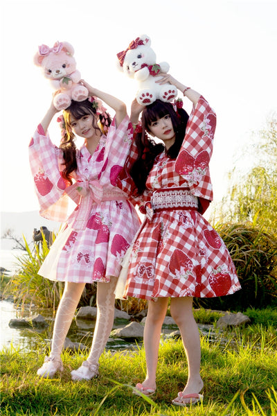 To Alice~Strawberry Party~Wa Lolita SK Set Plaid Coat Kimono Set   