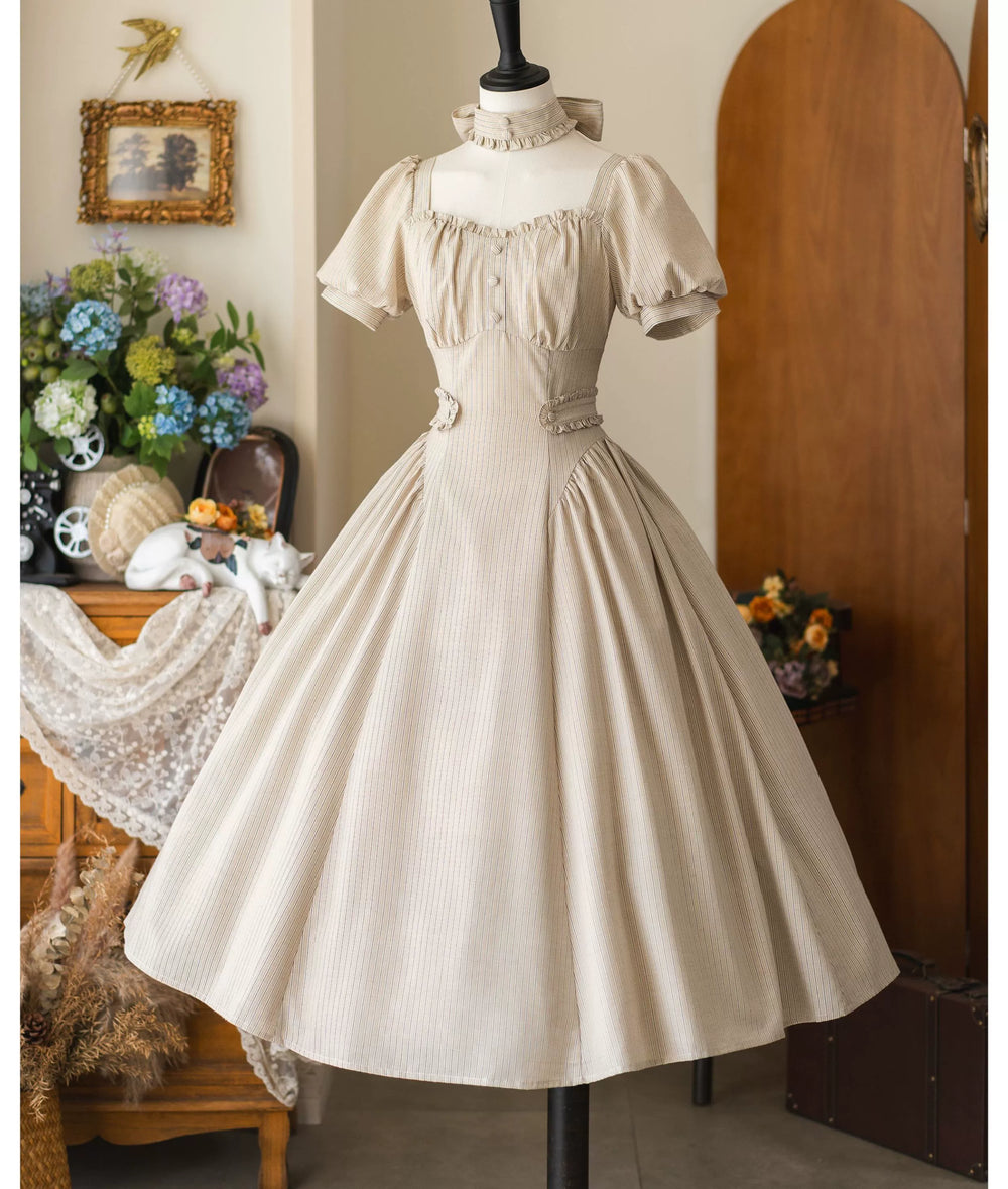 Forest Wardrobe - Chantilly Forest - Classic Lolita OP Dress With Square Neck & Underskirt Light khaki dress + choker S In-stock