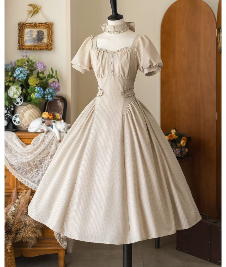 Forest Wardrobe - Chantilly Forest - Classic Lolita OP Dress With Square Neck & Underskirt Light khaki dress + choker S In-stock