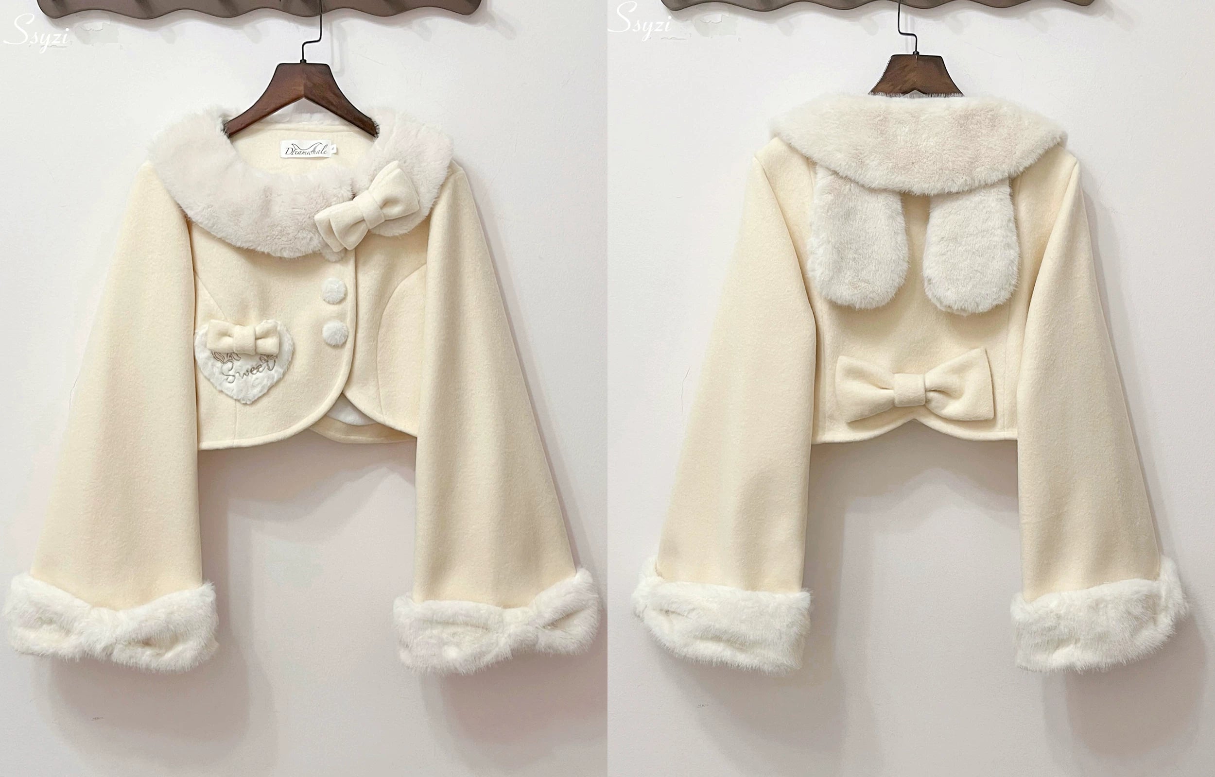 Rabbit Heart Knot - Sweet Lolita Winter Short Coat, Detachable Bunny-Ear Collar 45891:866859