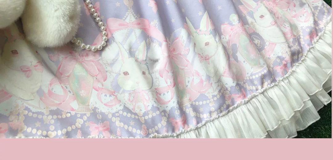 Doujiang~Kawaii Lolita OP Rabbit Print Pink Purple Lace Princess Dress