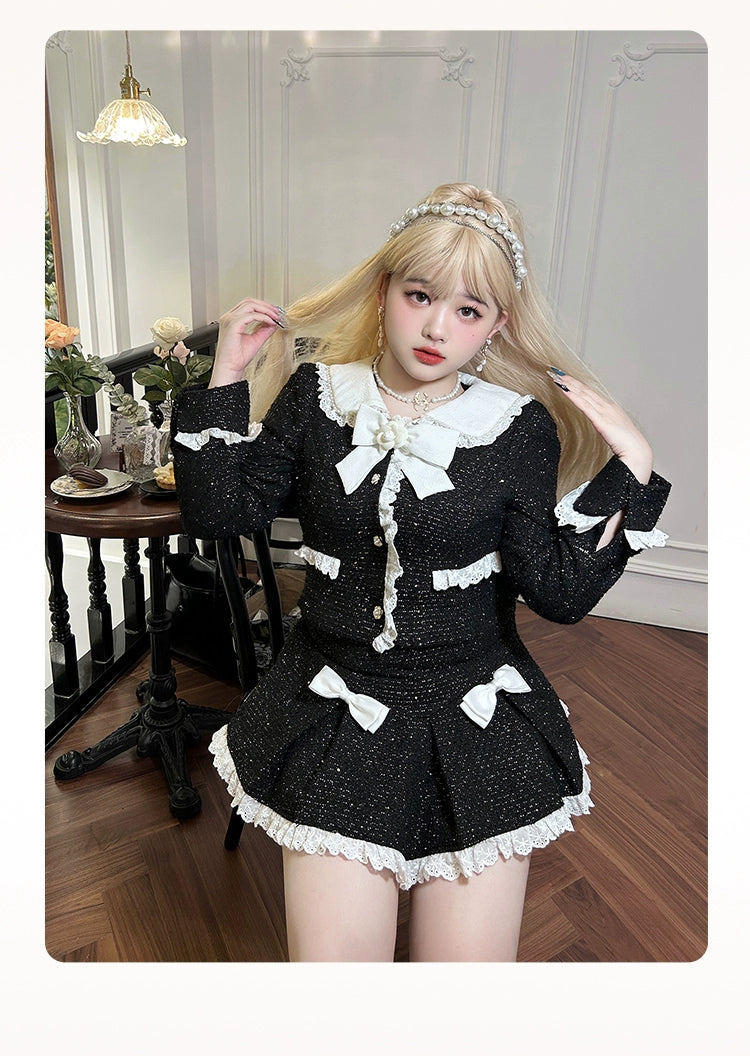 Yingtang~Plus Size French Style Suit Long Sleeve Black Coat Bow Skirt XL black coat 