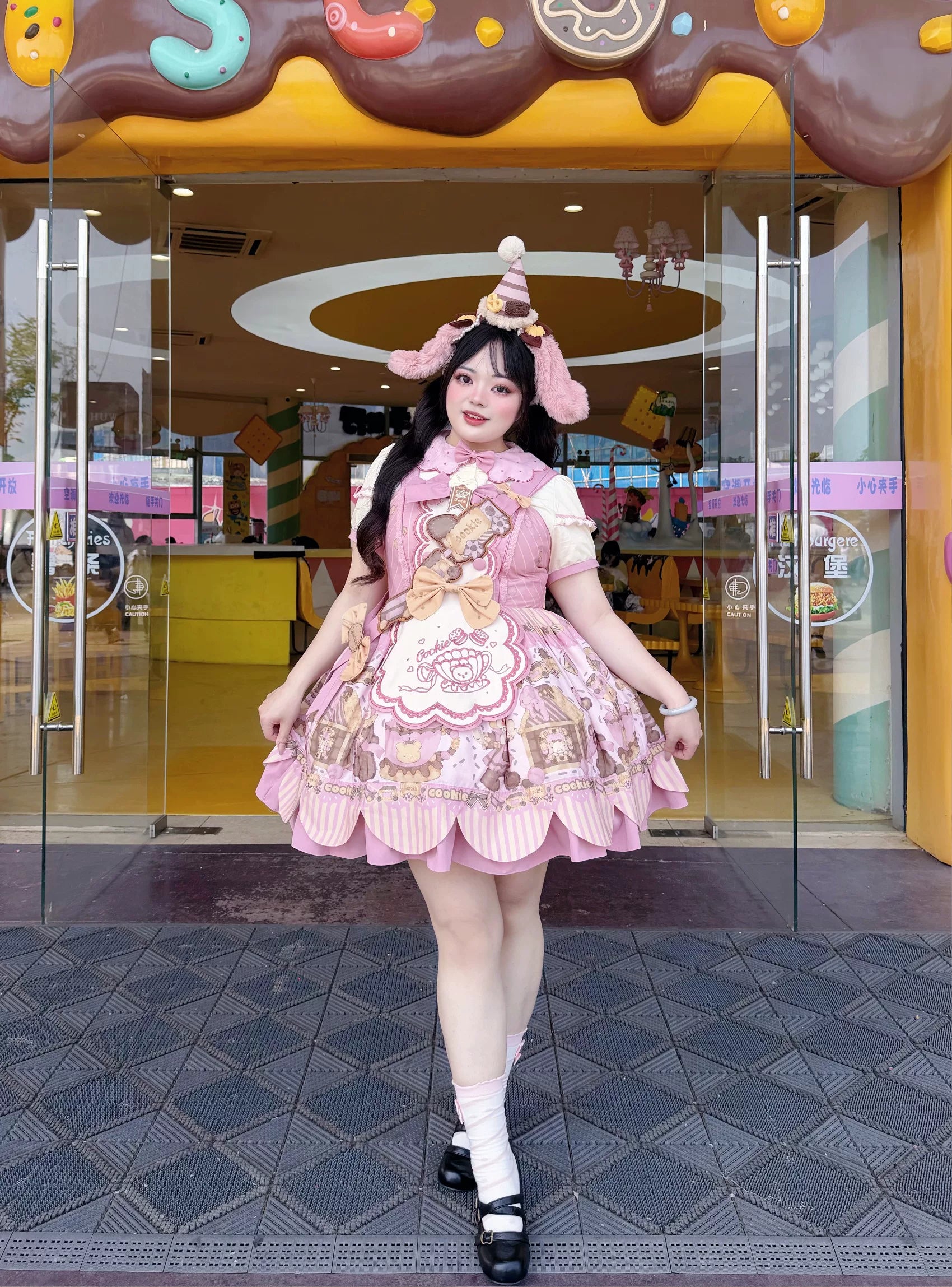 Bear Biscuit SP - Kawaii Lolita Bear Printed Dress Set with Bows (Pink / 2XL L M S XL) 45375:846408