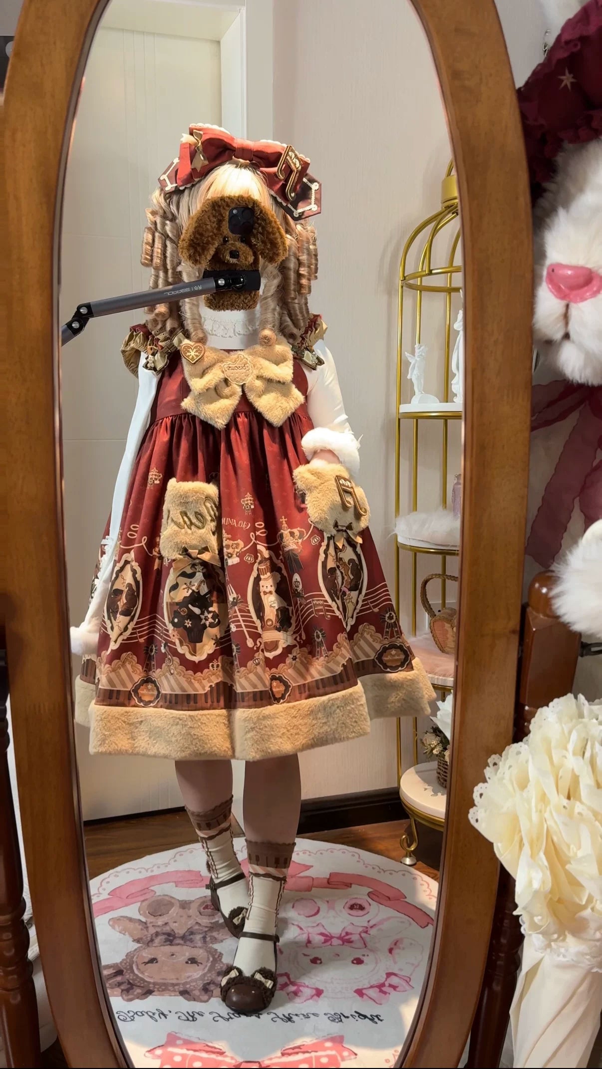 Cream Bear - Print Kawaii Lolita Fake Two-Piece OP, A-lined JSK Dress 44502:811678