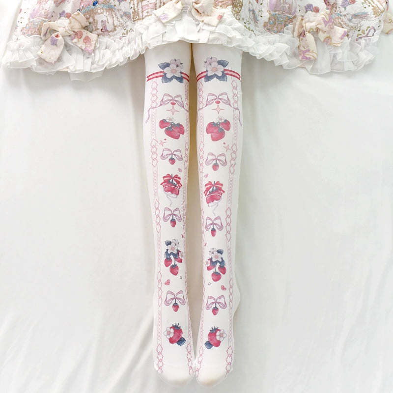 (BFM)Wuxiaoliu~Sweet Lolita Tights Strawberry Bow Printing White Pantyhose   