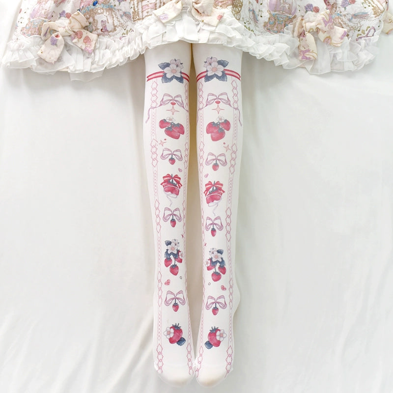 Wuxiaoliu - Sweet Lolita Tights Strawberry Bow Printing White Pantyhose